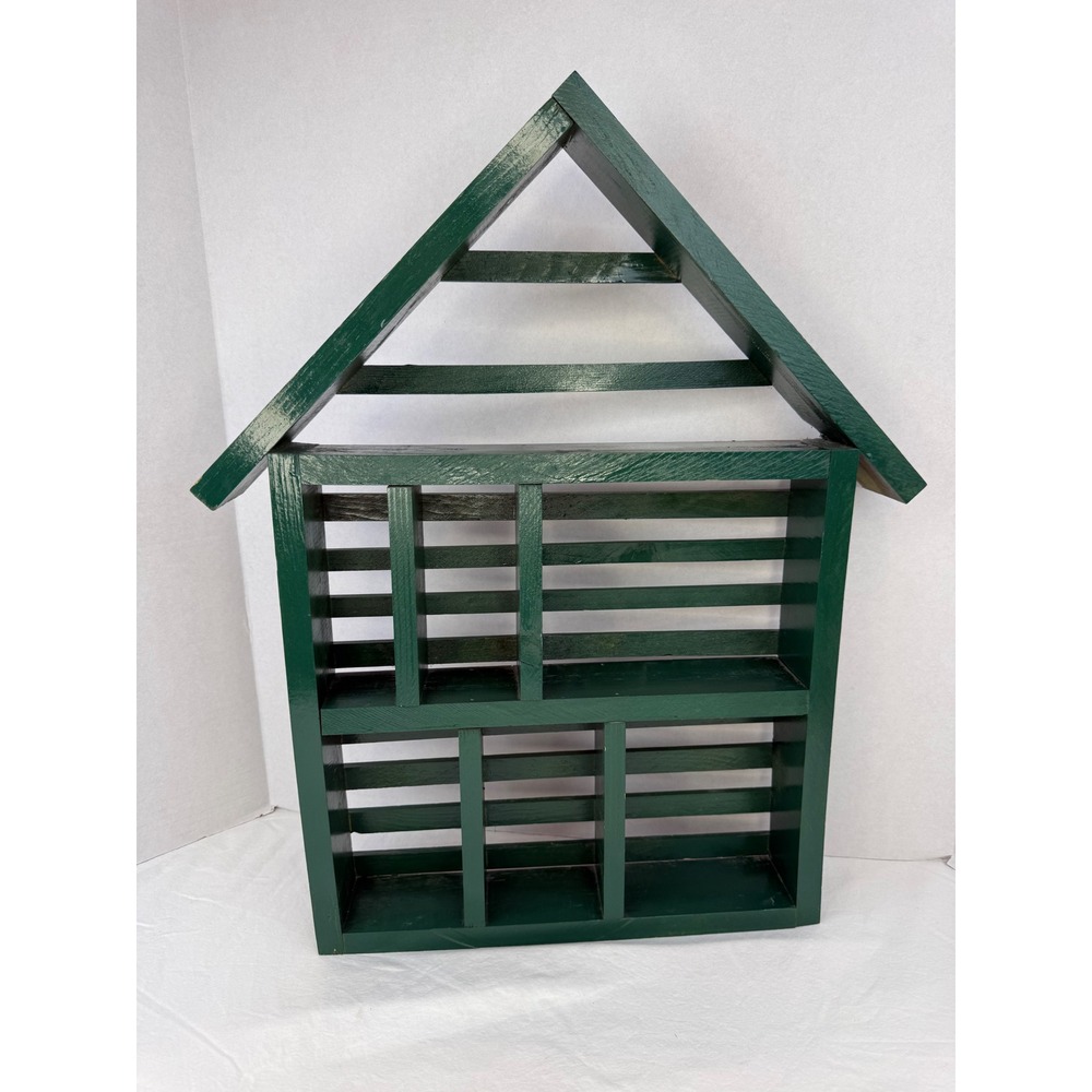 Vtg Green Granny Cottage Wooden House Shadow Box Wall Shelf Display Cubby 22.5in
